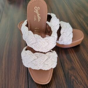 SEYCHELLES Sandals Platform Slide Macrame Size 9 Block Wood Heel Boho Beachy